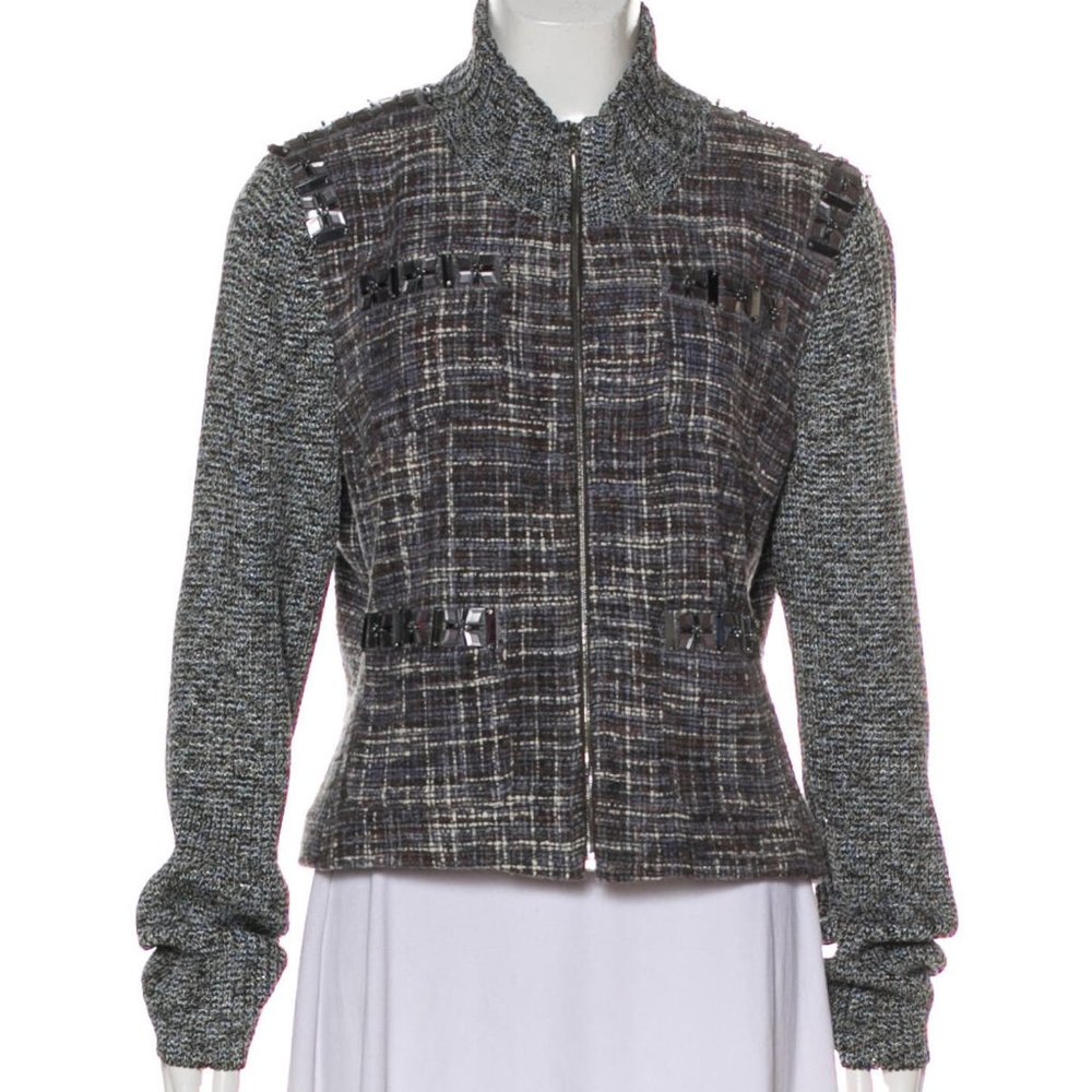 ST. JOHN Gray Embellished Tweed Wool Cardigan Sz L - Picture 1 of 6